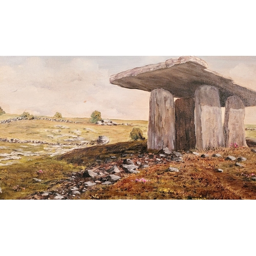 198 - GERALDINE O’MAHONY, (IRISH, 20TH CENTURY), POULNABRONE DOLMEN, oil on canvas board, signed lower lef... 