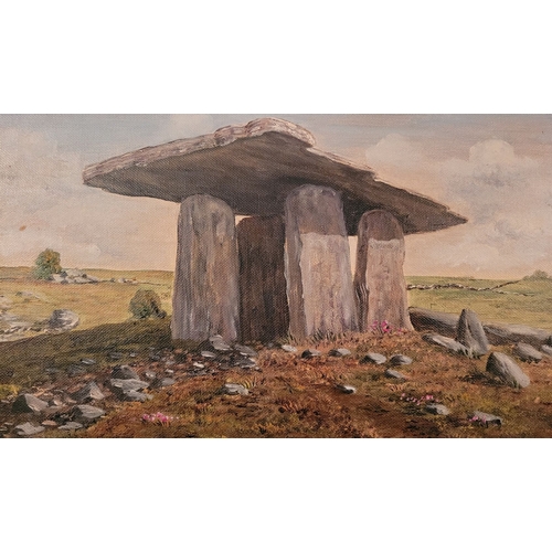 198 - GERALDINE O’MAHONY, (IRISH, 20TH CENTURY), POULNABRONE DOLMEN, oil on canvas board, signed lower lef... 