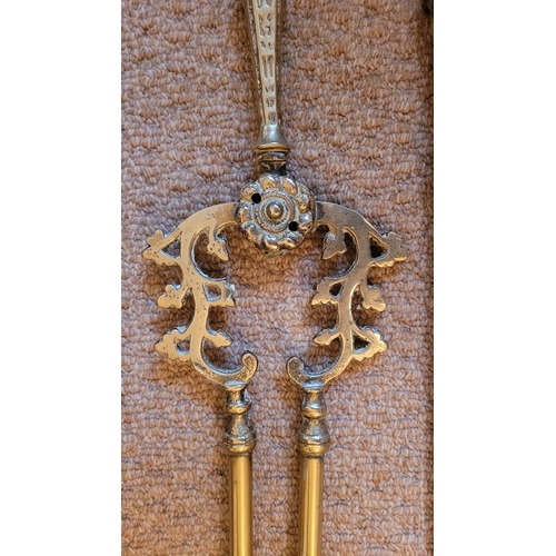 212 - A VERY GOOD QUALITY SET OF HEAVY BRASS FIRE IRONS, includes a pair of fire-dogs. Set has: a shovel, ... 