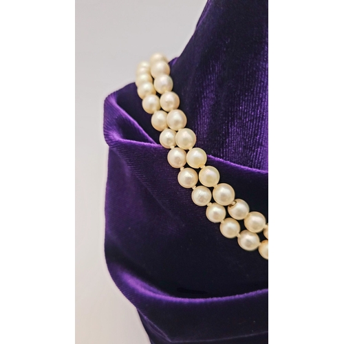 22 - A CLASSIC CULTURAL PEARL & GOLD CLASPED NECKLACE, the double hand knotted string of pearls is claspe... 