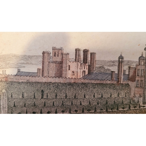 227 - TWO FRAMED ANTIQUE/VINTAGE PRINTS: (i) A VIEW OF ROYAL PALACE OF HAMPTON, etched by Parr, after Jacq... 