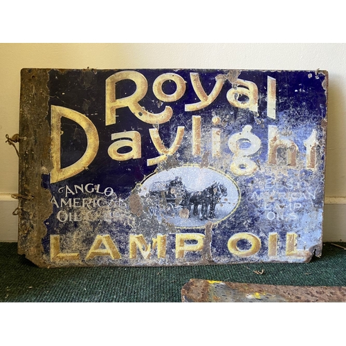 231 - TWO VINTAGE METAL ADVERTISING SIGNS, (i) Royal Daylight Anglo American oil, Lamp Oil, dimensions: 37... 