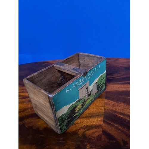 238 - A VINTAGE HARDWOOD ADVERTISING BOX, with Blarney castle scene, reading ‘Blarney Castle, County Cork’... 