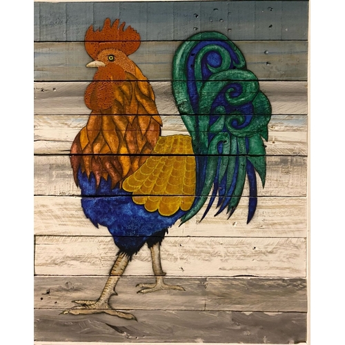 241 - KEN PARKER (Irish, 20th Century), ‘ROOSTER’, acrylic on wooden panels, dimensions: 92.5cm x 75cm app... 