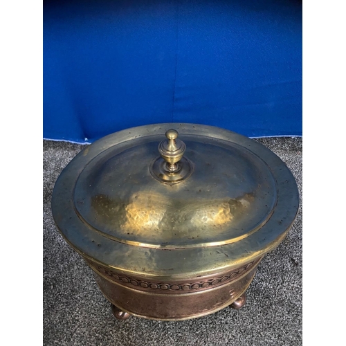 248 - A COPPER & BRASS OVAL SHAPED LOG/COAL BOX, the copper body with embossed panel, horse shoe handles t... 