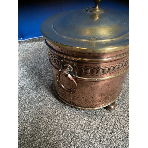 248 - A COPPER & BRASS OVAL SHAPED LOG/COAL BOX, the copper body with embossed panel, horse shoe handles t... 