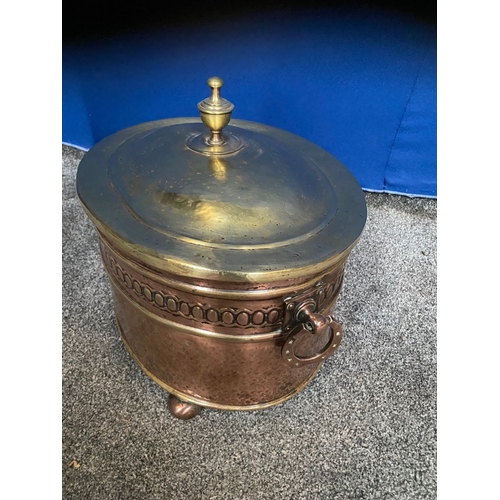 248 - A COPPER & BRASS OVAL SHAPED LOG/COAL BOX, the copper body with embossed panel, horse shoe handles t... 