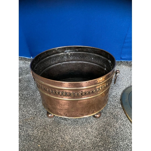 248 - A COPPER & BRASS OVAL SHAPED LOG/COAL BOX, the copper body with embossed panel, horse shoe handles t... 