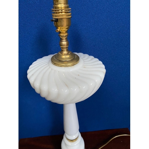 250 - A VICTORIAN MILK GLASS TABLE LAMP, converted oil lamp, the font with nice molded fluting. In working... 