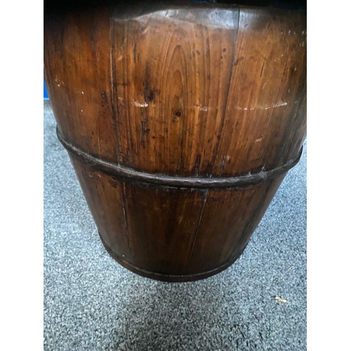 255 - A VINTAGE PINE METAL BOUND WELL/WATER BUCKET, with carrying handle, the body with steel banding. Cou... 