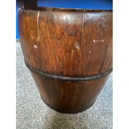 255 - A VINTAGE PINE METAL BOUND WELL/WATER BUCKET, with carrying handle, the body with steel banding. Cou... 