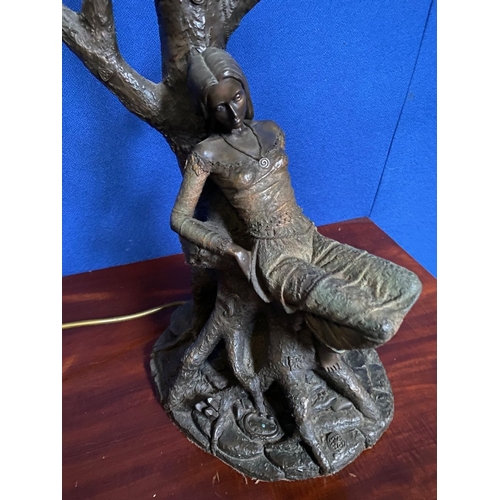 256 - A BRONZE STYLE FIGURAL TABLE LAMP, the support on the form of a tree, with lady seated on naturalist... 