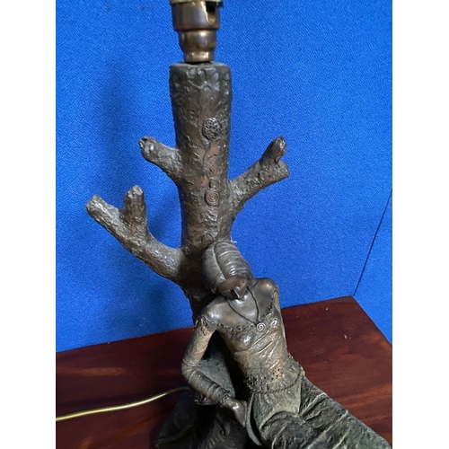 256 - A BRONZE STYLE FIGURAL TABLE LAMP, the support on the form of a tree, with lady seated on naturalist... 