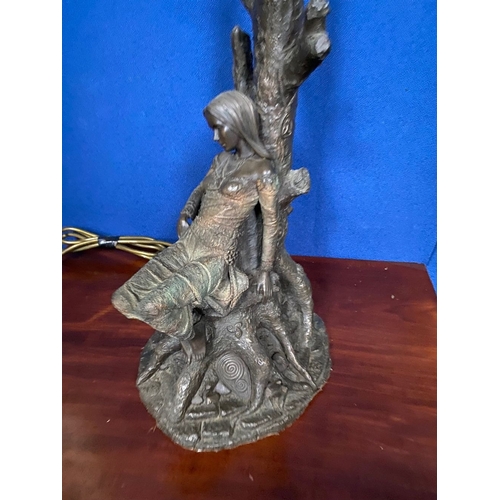 256 - A BRONZE STYLE FIGURAL TABLE LAMP, the support on the form of a tree, with lady seated on naturalist... 