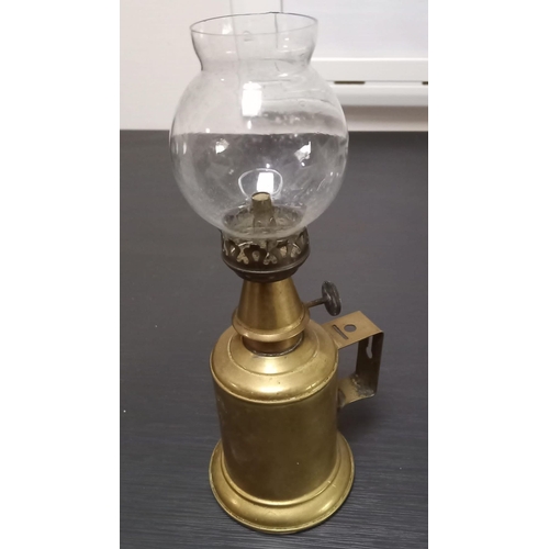 271 - AN ANTIQUE BRASS LAMP, circa 1900, with original glass shade & wall hanging bracket. 22cm tall.