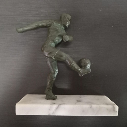 276 - AN ART DECO PATINATED METAL STUDY OF A FOOTBALLER, resting on a marble base. 20 x 19 x 7cm. (H x W x... 