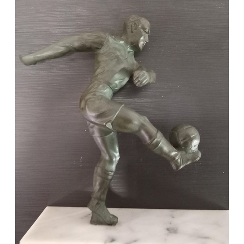 276 - AN ART DECO PATINATED METAL STUDY OF A FOOTBALLER, resting on a marble base. 20 x 19 x 7cm. (H x W x... 