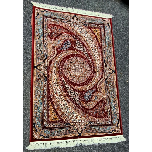 28 - A PERSIAN FLOOR RUG red, in style of classical Persian silk rug; jute, cotton, polyester, and acryli... 