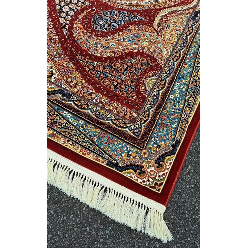 28 - A PERSIAN FLOOR RUG red, in style of classical Persian silk rug; jute, cotton, polyester, and acryli... 