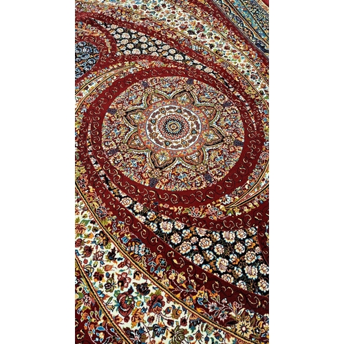 28 - A PERSIAN FLOOR RUG red, in style of classical Persian silk rug; jute, cotton, polyester, and acryli... 