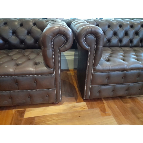 282 - AN EXCELLENT CHESTERFIELD BROWN LEATHER THREE SEATER COUCH AND ARMCHAIR, both have deep button uphol... 