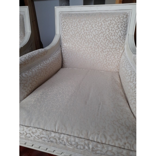 292 - A PAIR OF WHITE PAINTED FRENCH STYLE ARMCHAIRS, with upholstered backrest and seat, carved armrests ... 