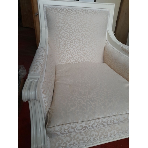 292 - A PAIR OF WHITE PAINTED FRENCH STYLE ARMCHAIRS, with upholstered backrest and seat, carved armrests ... 