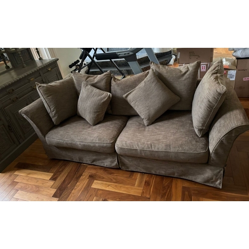 294 - A GREY UPHOLSTERED TWO SEATER COUCH, with outswept armrests. Dimensions: 240cm x 87cm deep x 75cm hi... 