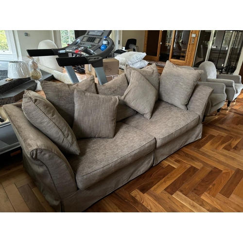 294 - A GREY UPHOLSTERED TWO SEATER COUCH, with outswept armrests. Dimensions: 240cm x 87cm deep x 75cm hi... 