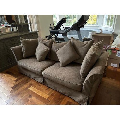 294 - A GREY UPHOLSTERED TWO SEATER COUCH, with outswept armrests. Dimensions: 240cm x 87cm deep x 75cm hi... 