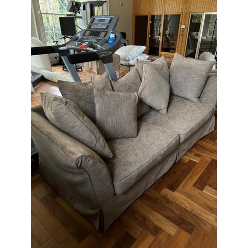 294 - A GREY UPHOLSTERED TWO SEATER COUCH, with outswept armrests. Dimensions: 240cm x 87cm deep x 75cm hi... 