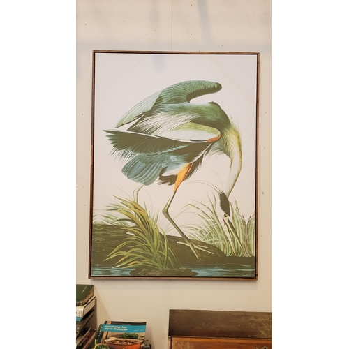 308 - A LARGE DECORATIVE PRINT ON CANVAS, depicting a heron amongst reeds and water. Dimensions: 113 x 83.... 