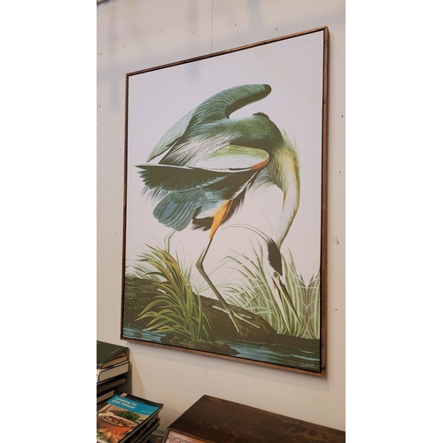 308 - A LARGE DECORATIVE PRINT ON CANVAS, depicting a heron amongst reeds and water. Dimensions: 113 x 83.... 