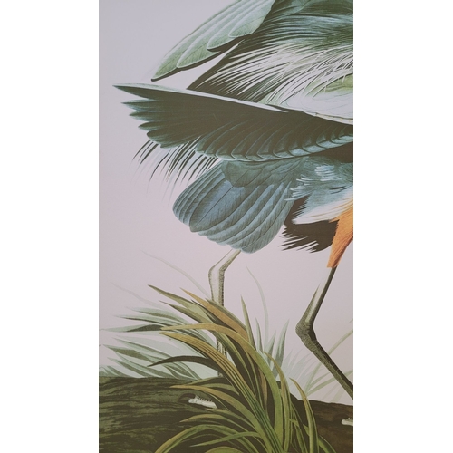 308 - A LARGE DECORATIVE PRINT ON CANVAS, depicting a heron amongst reeds and water. Dimensions: 113 x 83.... 