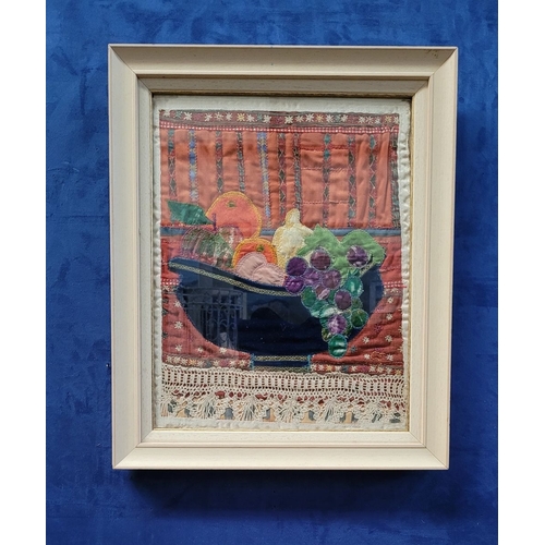 309 - A FRAMED VINTAGE LAYERED TAPESTRY: STILL LIFE FRUIT BOWL, initialled in thread S.J. Frame: 55.75 x 4... 