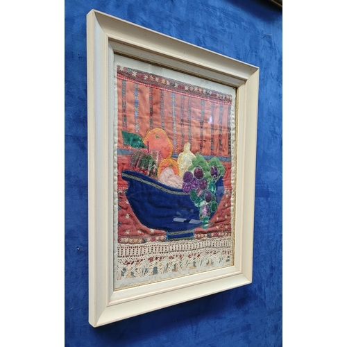 309 - A FRAMED VINTAGE LAYERED TAPESTRY: STILL LIFE FRUIT BOWL, initialled in thread S.J. Frame: 55.75 x 4... 