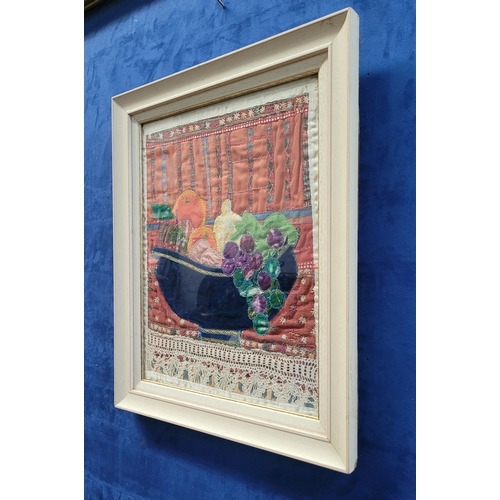 309 - A FRAMED VINTAGE LAYERED TAPESTRY: STILL LIFE FRUIT BOWL, initialled in thread S.J. Frame: 55.75 x 4... 