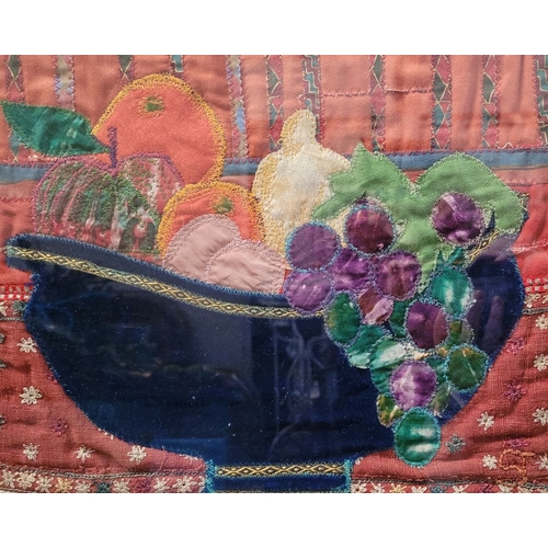 309 - A FRAMED VINTAGE LAYERED TAPESTRY: STILL LIFE FRUIT BOWL, initialled in thread S.J. Frame: 55.75 x 4... 