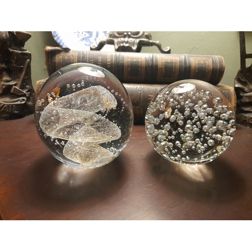 317 - TWO BEAUTIFUL HAND BLOWN CONTROLLED GLASS VINTAGE PAPERWEIGHTS, in excellent condition, 10 x 10cm & ... 