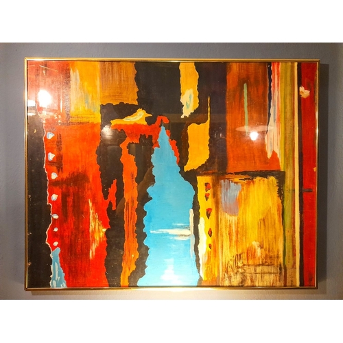 323 - VINTAGE: FRAMED: OIL ON BOARD, abstract painting, unsigned. Frame: 73cm x 57cm