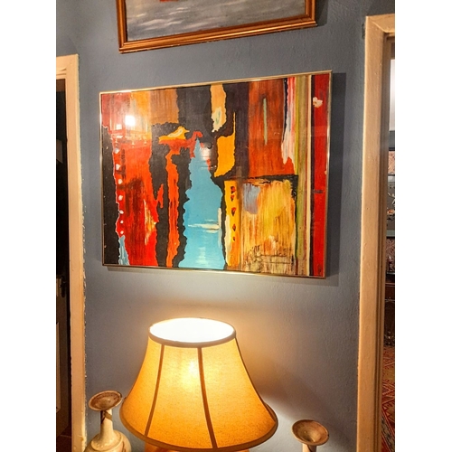 323 - VINTAGE: FRAMED: OIL ON BOARD, abstract painting, unsigned. Frame: 73cm x 57cm