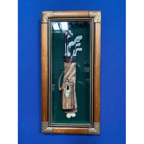 325 - GOLF MEMORABILIA: A FRAMED GOLF BAG WITH CLUBS AND GOLF BALLS, the hardwood frame with metal fitting... 