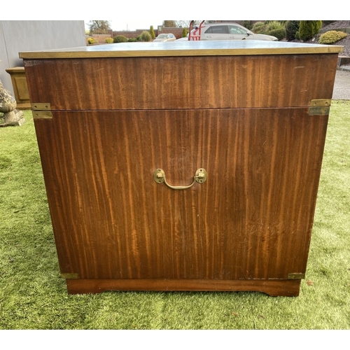 328 - A MAHOGANY MILITARY CAMPAIGN DESK, with tooled leather top, fitted with one long and eight short dra... 