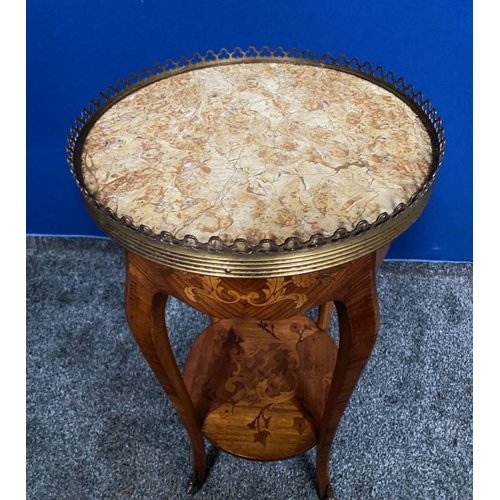 34 - AN EXCELLENT KINGWOOD INLAID MARBLE TOPPED SIDE TABLE, the marble top within raised pierced brass ga... 