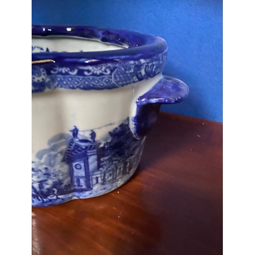 35 - A BLUE & WHITE FOOTBATH/PLANTER, nice shape with painted town scenes to interior and exterior, with ... 