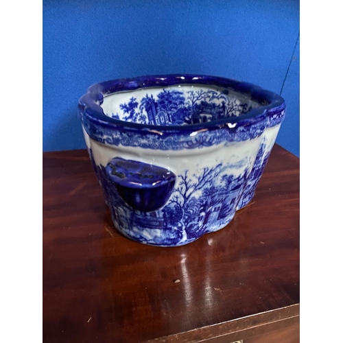 35 - A BLUE & WHITE FOOTBATH/PLANTER, nice shape with painted town scenes to interior and exterior, with ... 