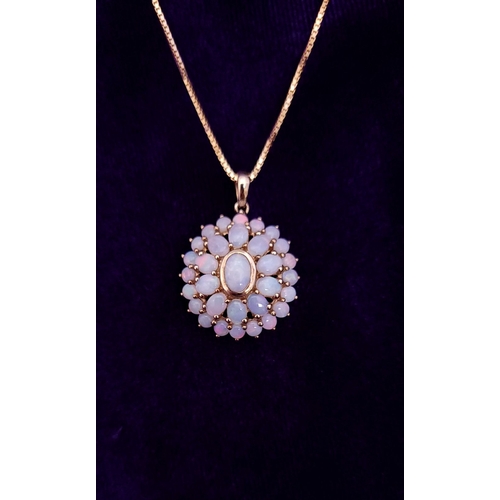 41 - A PRETTY ITALIAN 9CT YELLOW GOLD OPAL NECKLACE & PENDANT, the pendant is made up of a cluster of bea... 