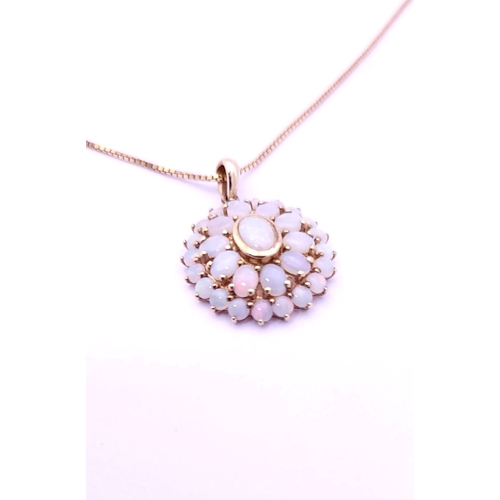 41 - A PRETTY ITALIAN 9CT YELLOW GOLD OPAL NECKLACE & PENDANT, the pendant is made up of a cluster of bea... 