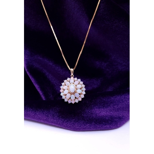 41 - A PRETTY ITALIAN 9CT YELLOW GOLD OPAL NECKLACE & PENDANT, the pendant is made up of a cluster of bea... 