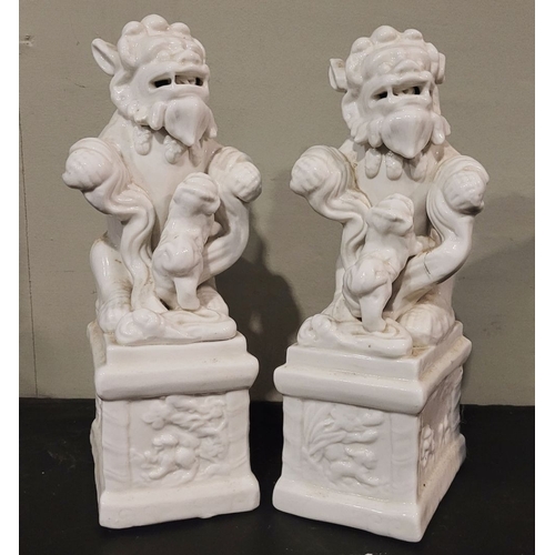 49 - TWO VINTAGE ‘BLANC DE CHINE’ FOO DOGS / GUARDIAN LIONS, both lions are seated upon a plinth base tha... 